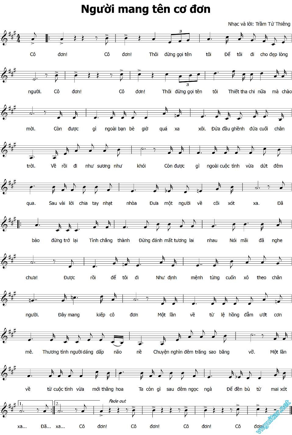 Sheet nhạc Người Mang Tên Cô Đơn